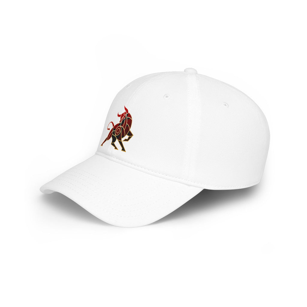 Bull Emblem Baseball Cap — Minimalist Red & Gold Bull Logo Hat
