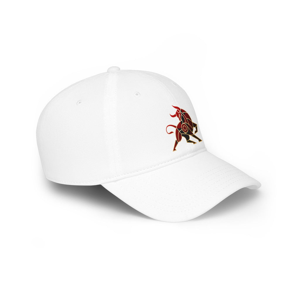 Bull Emblem Baseball Cap — Minimalist Red & Gold Bull Logo Hat