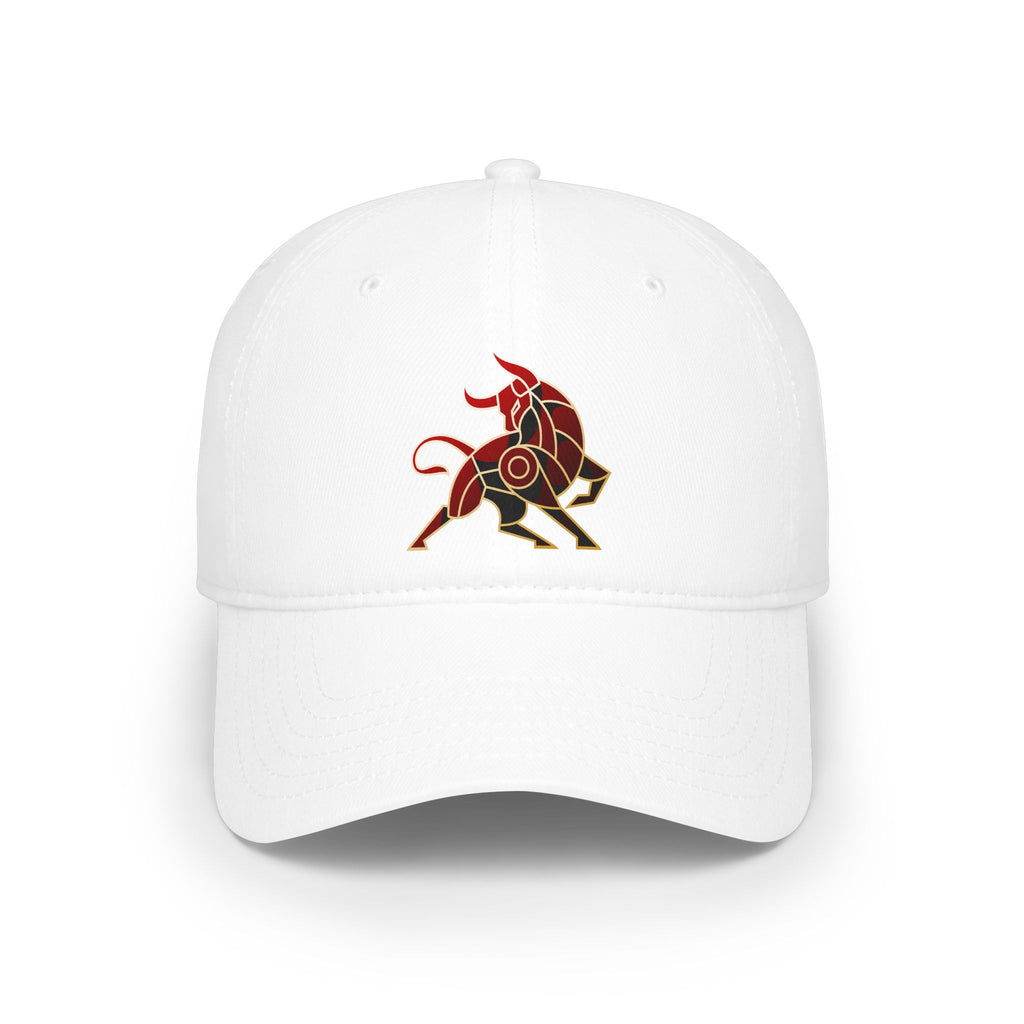 Bull Emblem Baseball Cap — Minimalist Red & Gold Bull Logo Hat